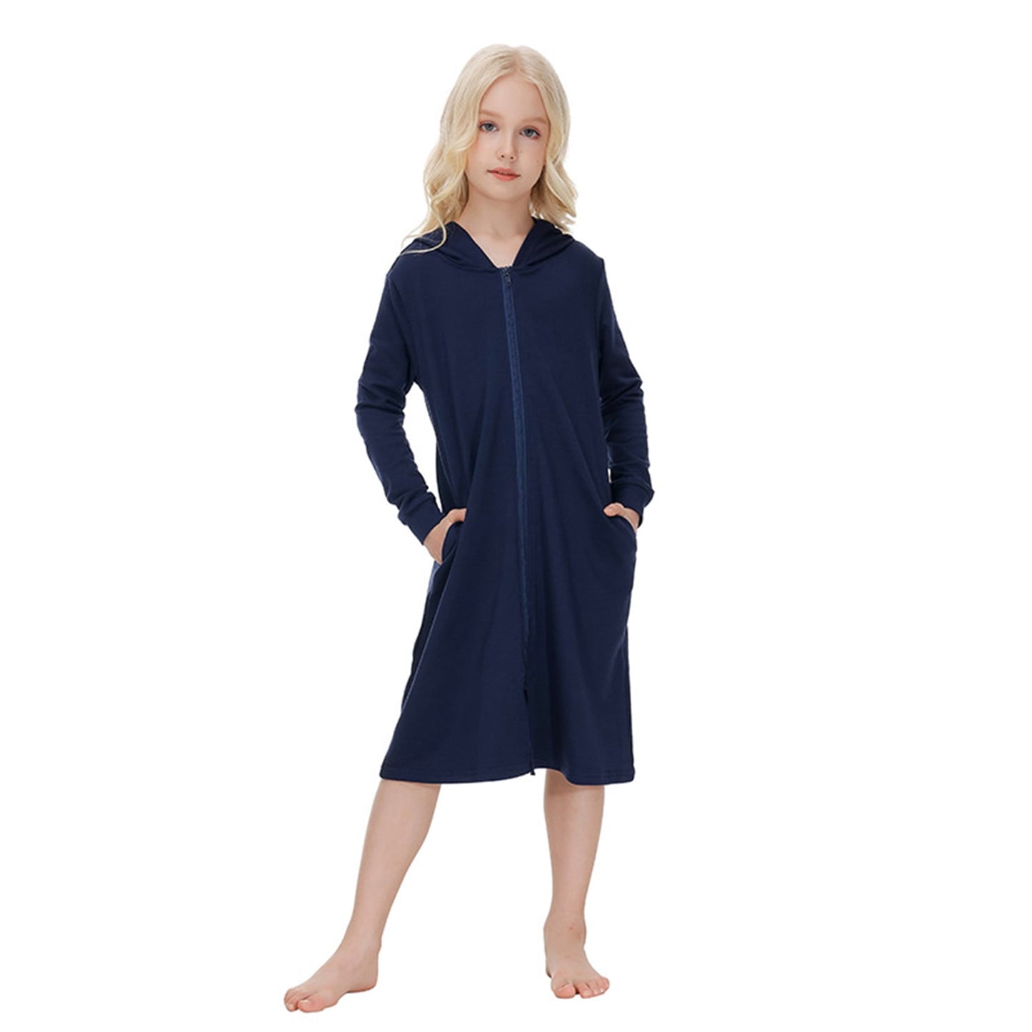 Girls Zipper Front Robes Long Sleeve Hooded Housecoat Long Housedress Loose Bathrobes Comfy Pajama Sleepwear