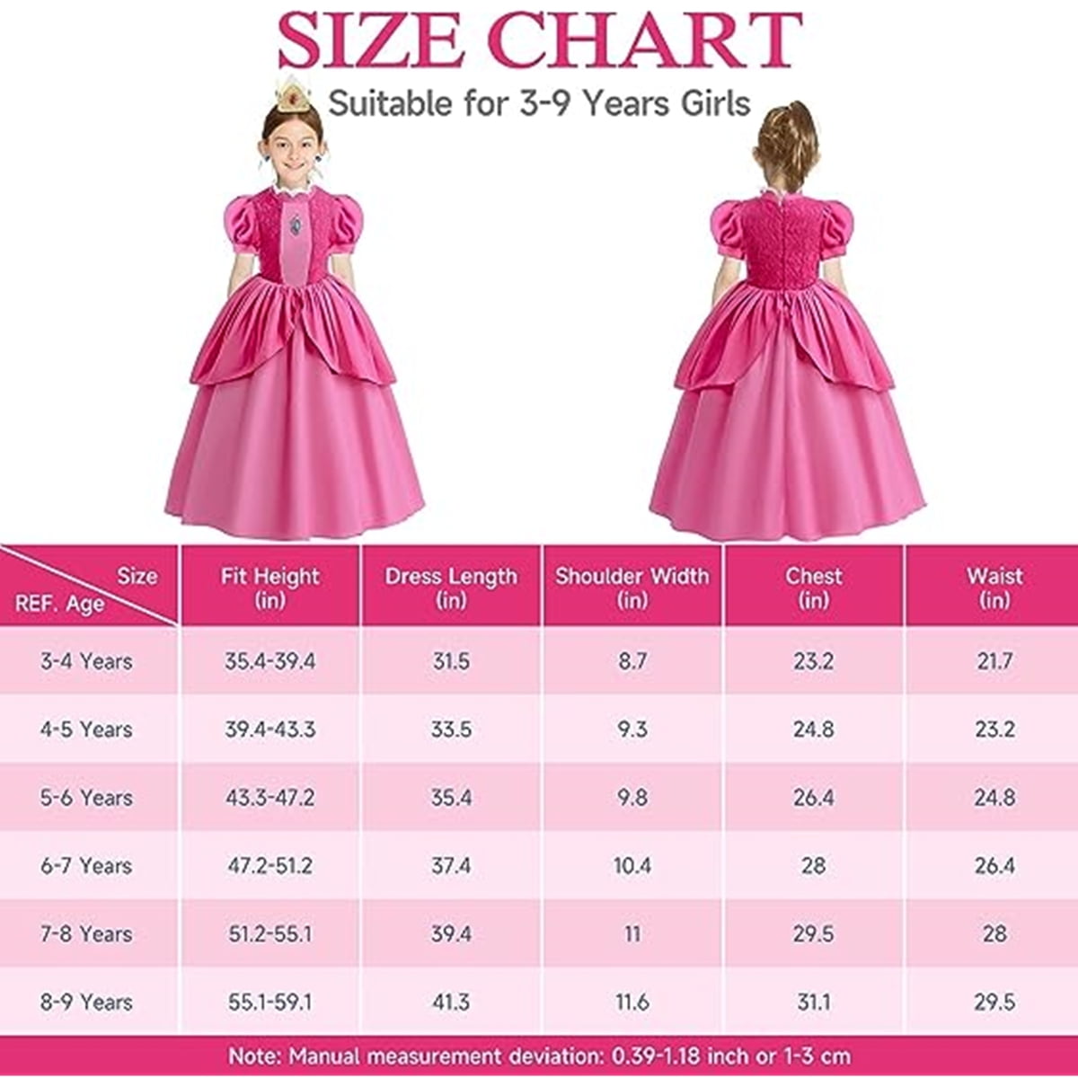 KAWELL Princess Pink Peach Costume for Girls Halloween Cosplay Dress Up 5-6 Years