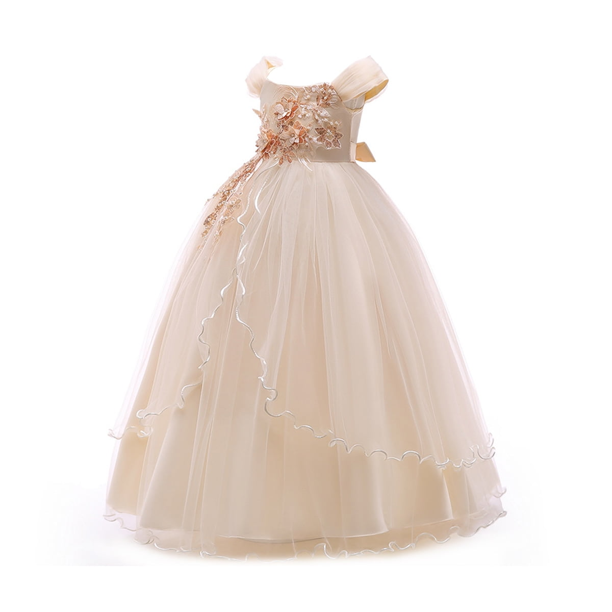 LOEL Flower Girls Embroidery Lace Bridesmaid Dress Beaded Wedding Party Full Length Dance Gown for Girls 4-14 Years