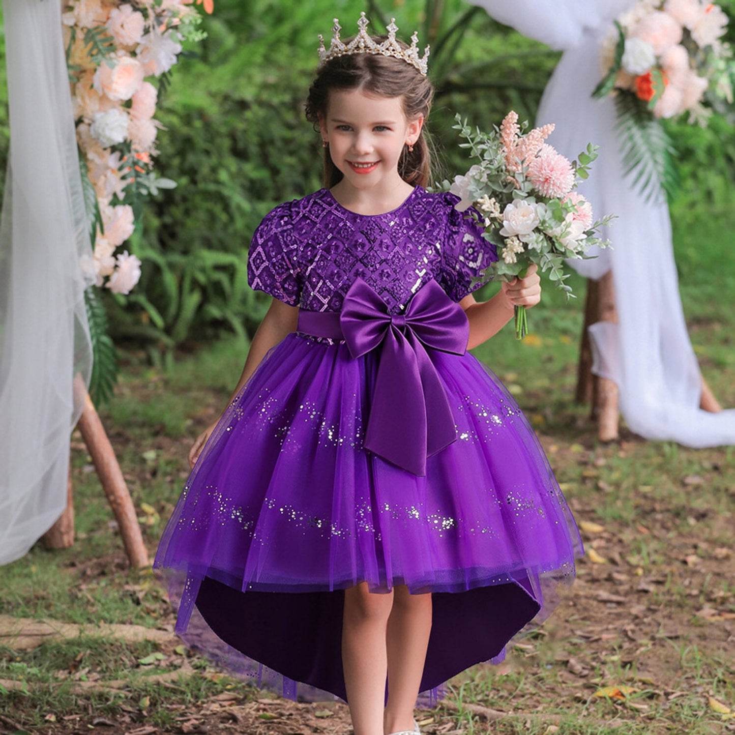 Phenas Flower Girl Lace Bridesmaid Dress High-Low Kids Wedding Party Birthday Sequin Tulle Dresses