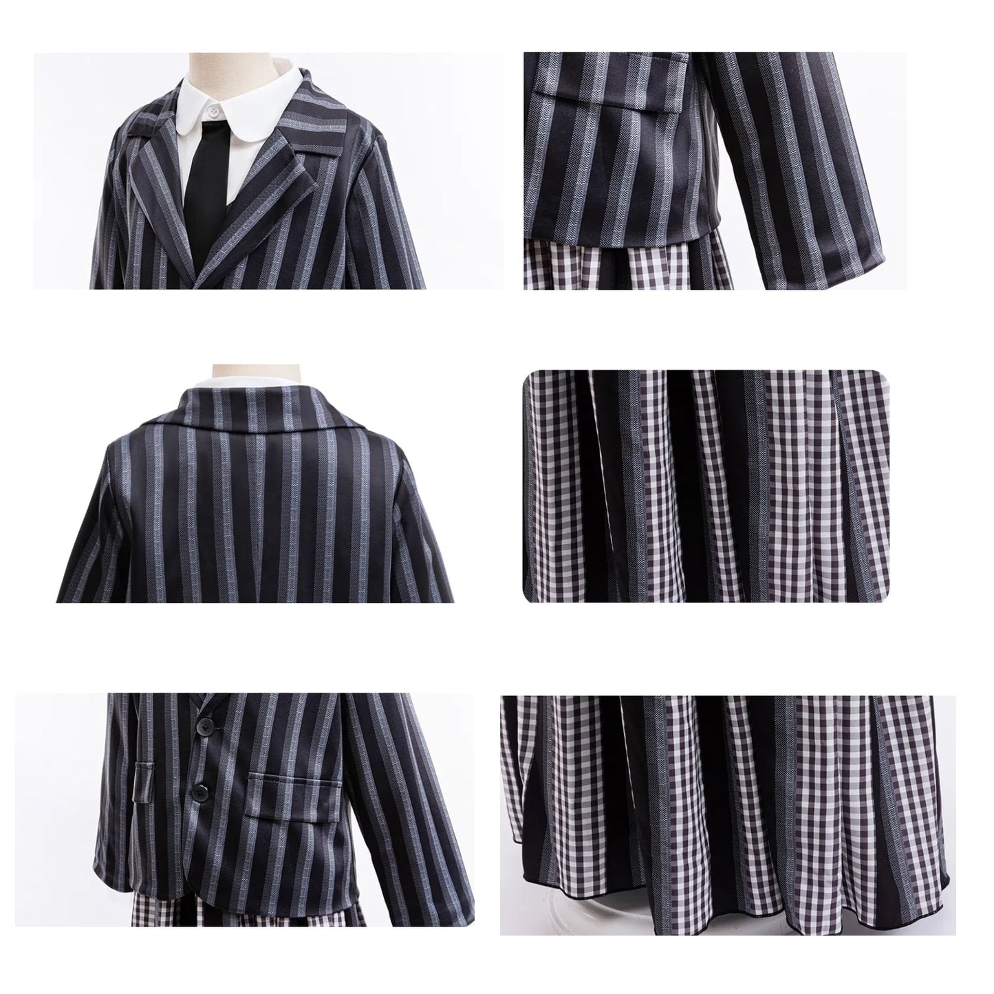 KAWELL Addams Costume for Girls, Academy Uniform Outfits Cosplay with Black Wig, Pleated Skirt Girl's Stripes Suits Sets for Halloween