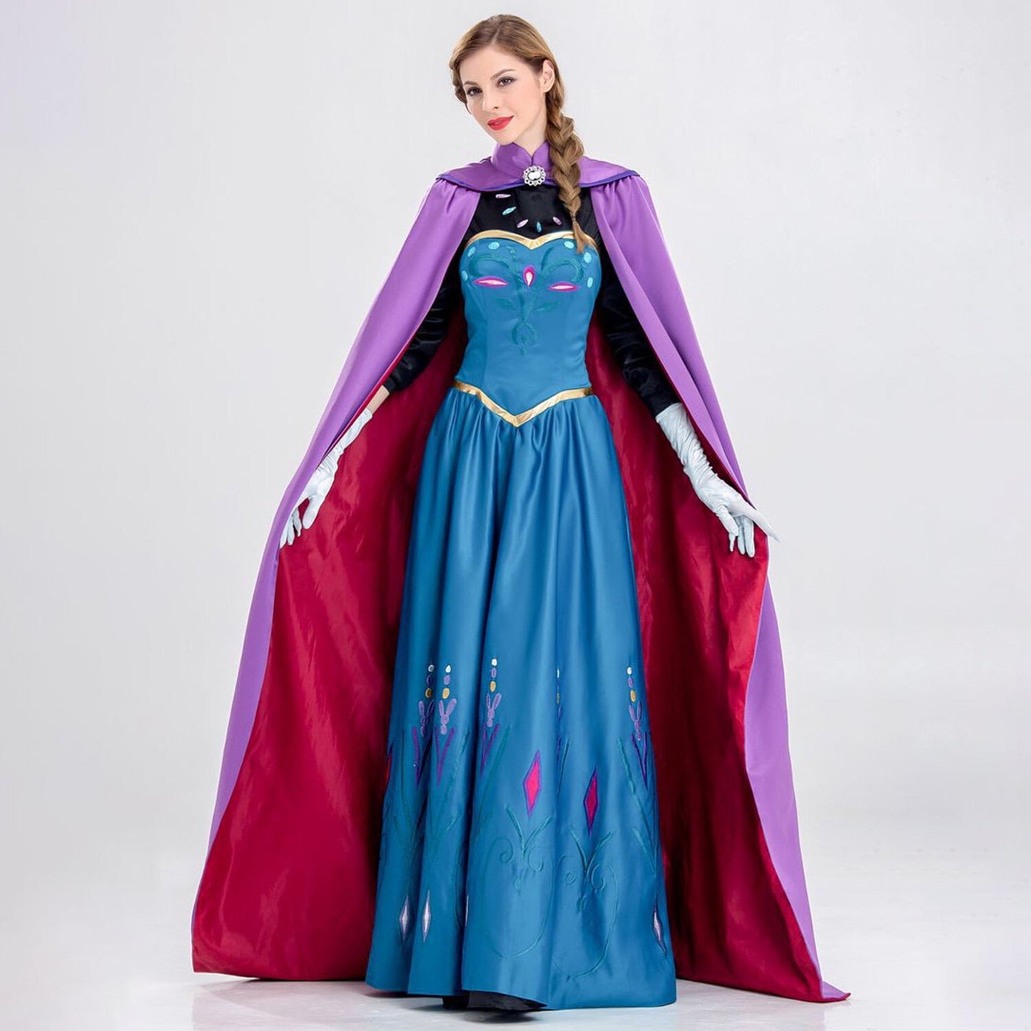 HAWEE Women Princess Costume Cosplay Anna Dress Up Halloween Deluxe Gown Outfit with Cloak, Gloves