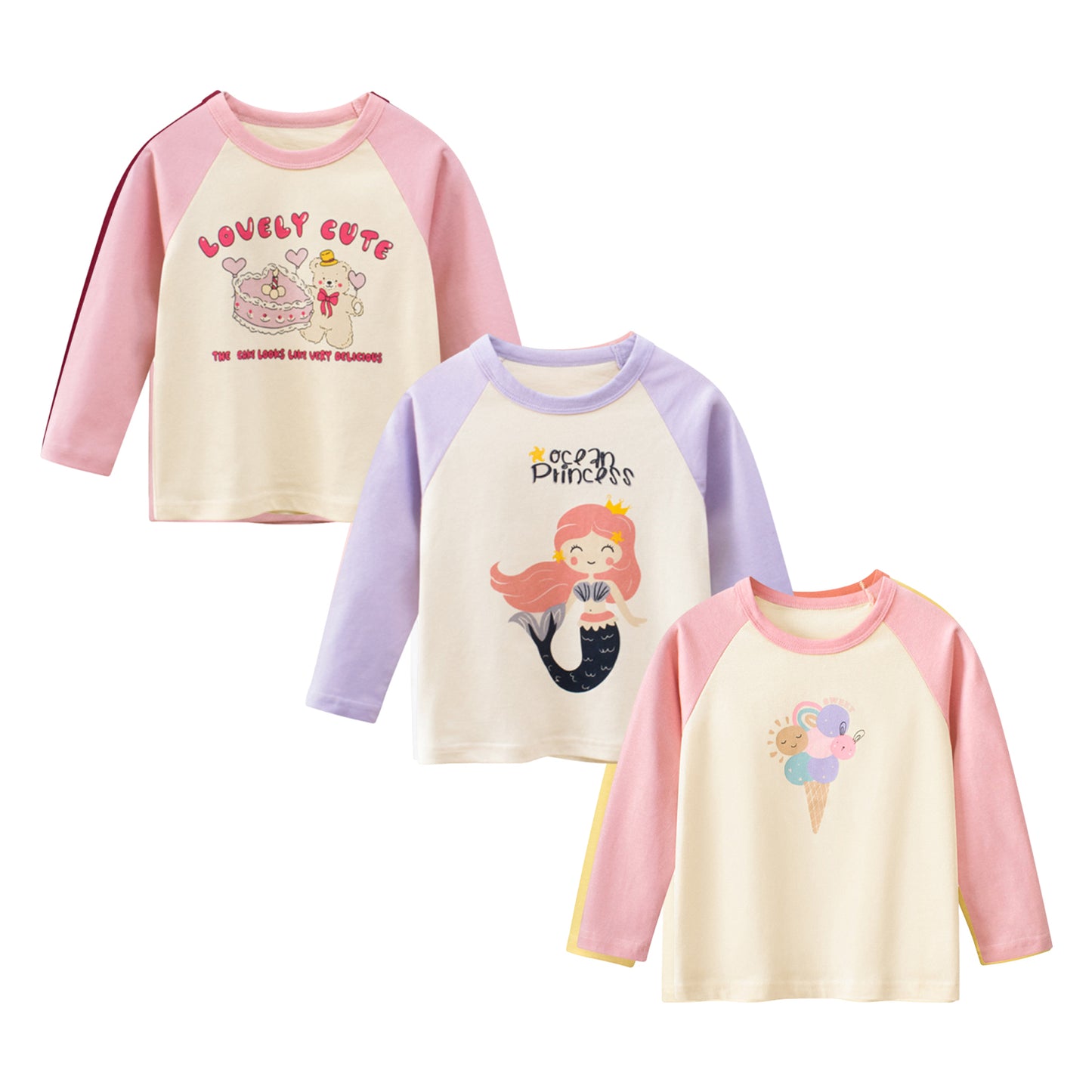 Phenas Toddler Girls 3 Packs Long Sleeve Shirts,100% Cotton Casual Crewneck Basic T-Shirt 2-7T