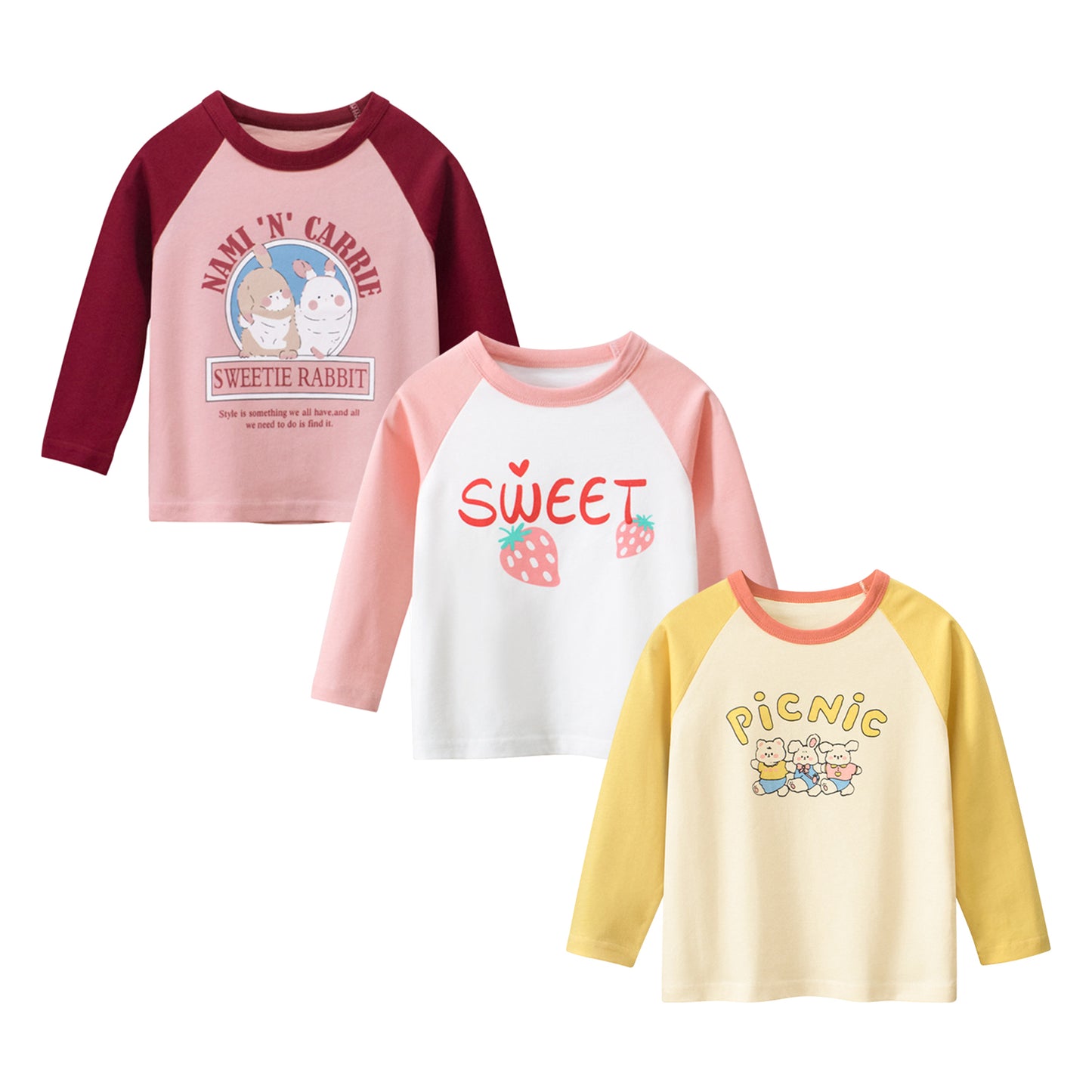 Phenas Toddler Girls 3 Packs Long Sleeve Shirts,100% Cotton Casual Crewneck Basic T-Shirt 2-7T