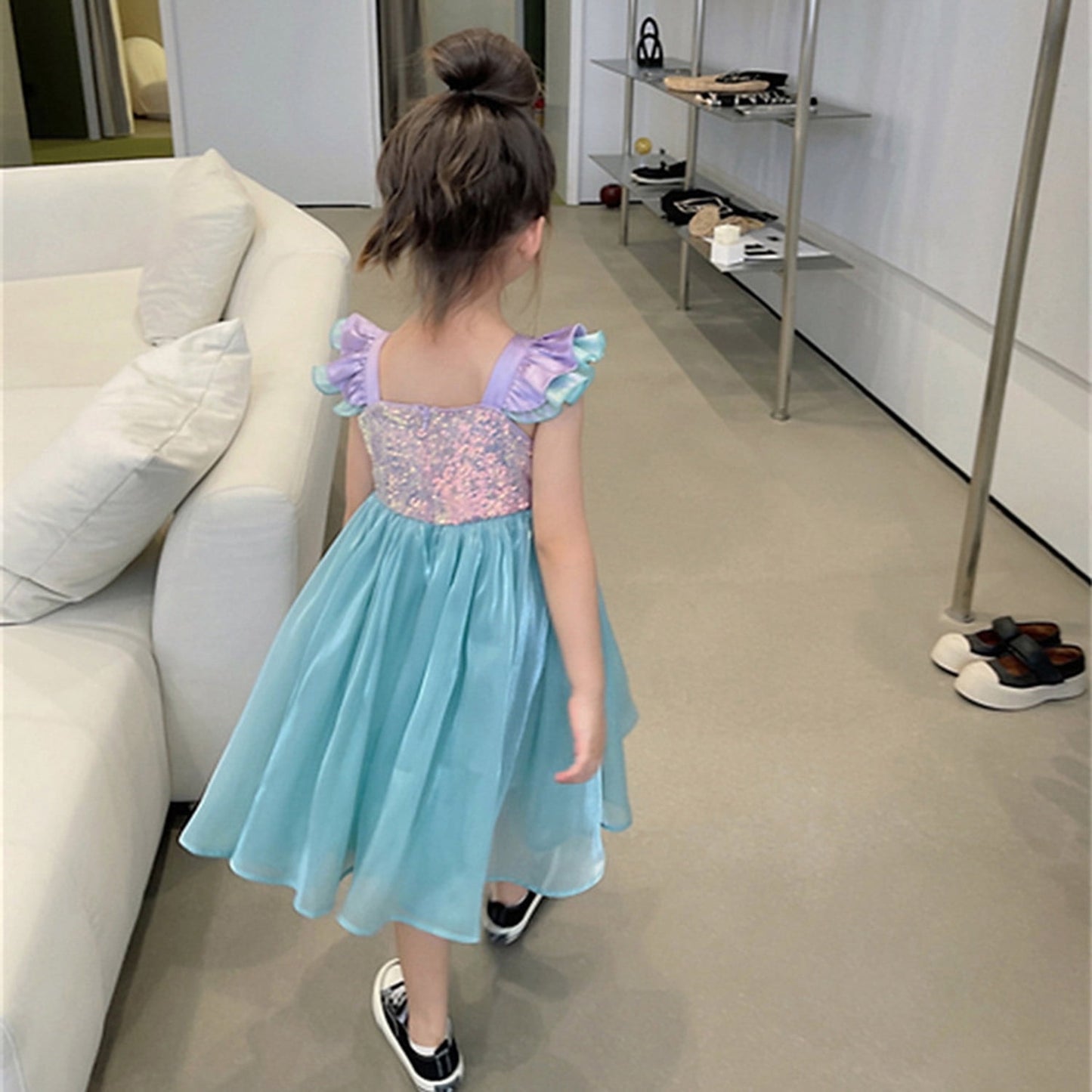 Phenas Little Girl Mermaid Sequins Princess Costume Flutter Sleeves Tank Top Party Dress