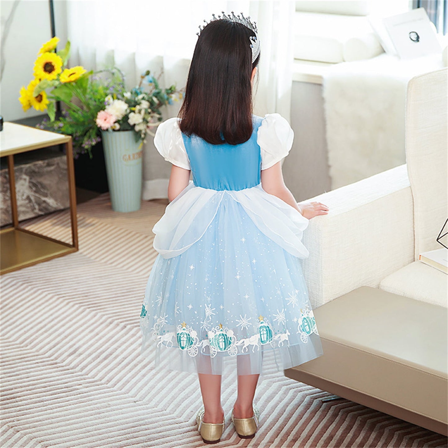 LOEL Cinderella Costume Girl Fancy Costume Princess Dress Halloween Party Role Play with Sleeves