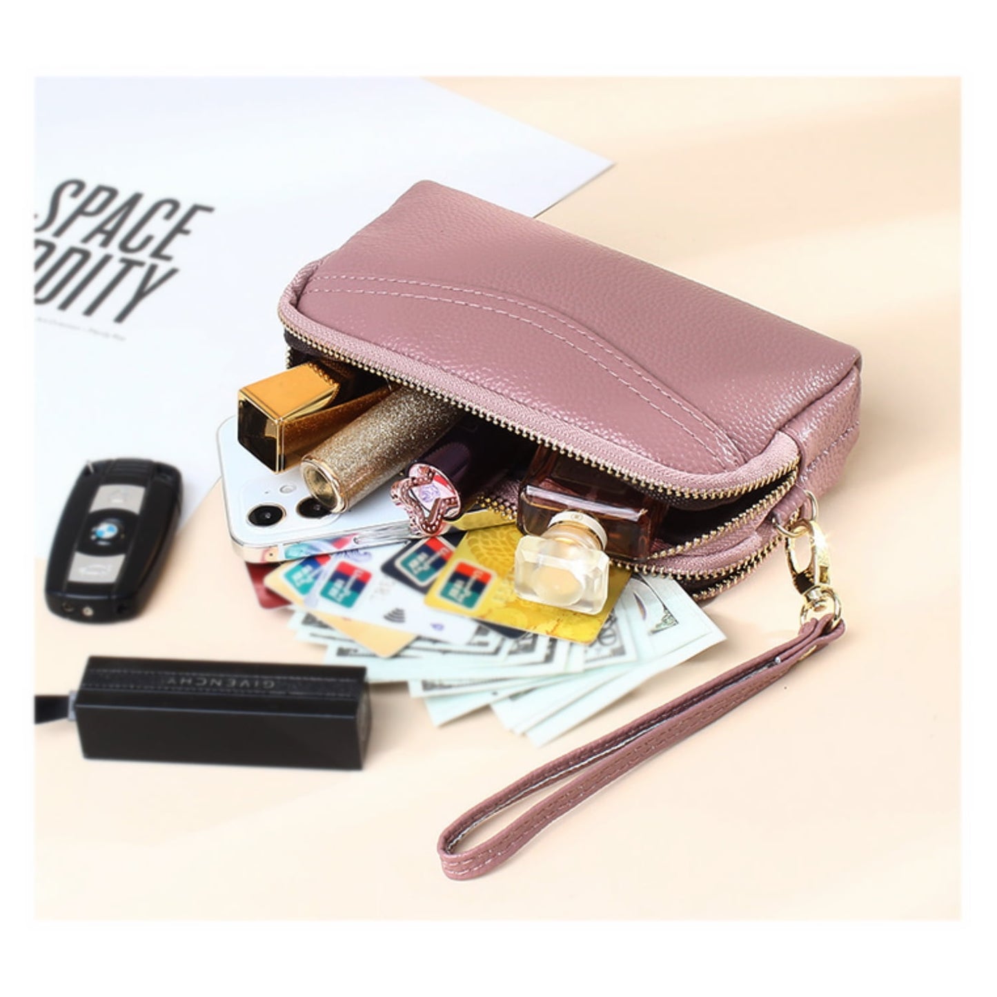 HAWEE Cellphone Wallet for Women Genuine Leather Clutch Purse Large Capacity Double Zipper Wristlet Wallet for Ladies