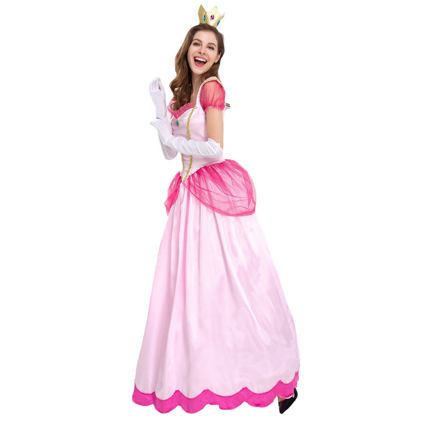 LOEL Princess Peach Costume with Crown for Women Halloween Cosplay Hot Pink Pageant Dresses