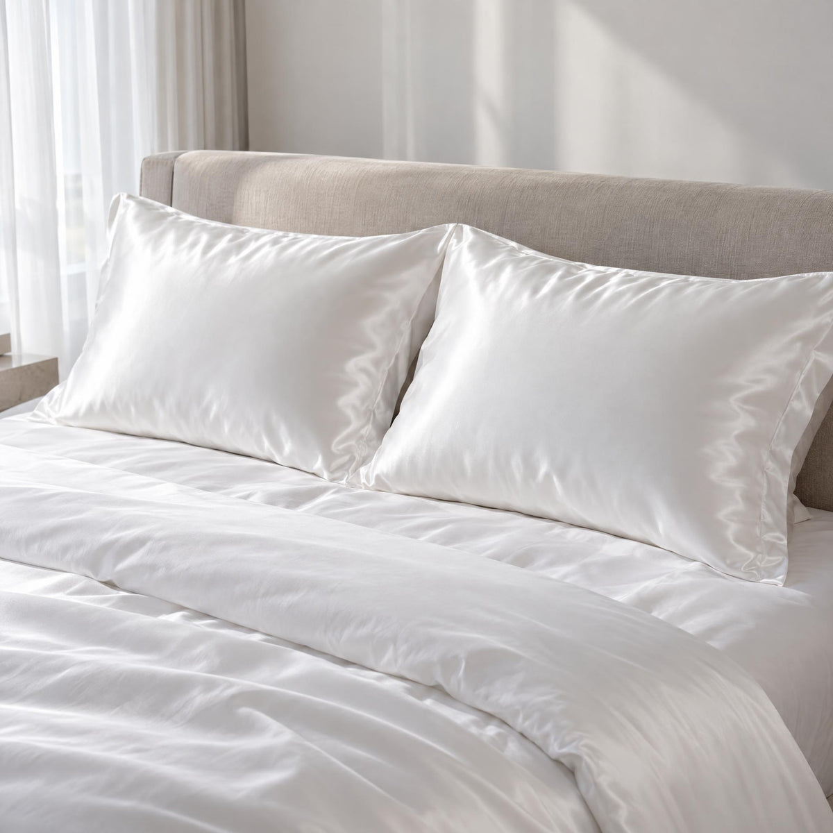 Two heavyweight 30 momme silk pillowcases styled on a queen bed