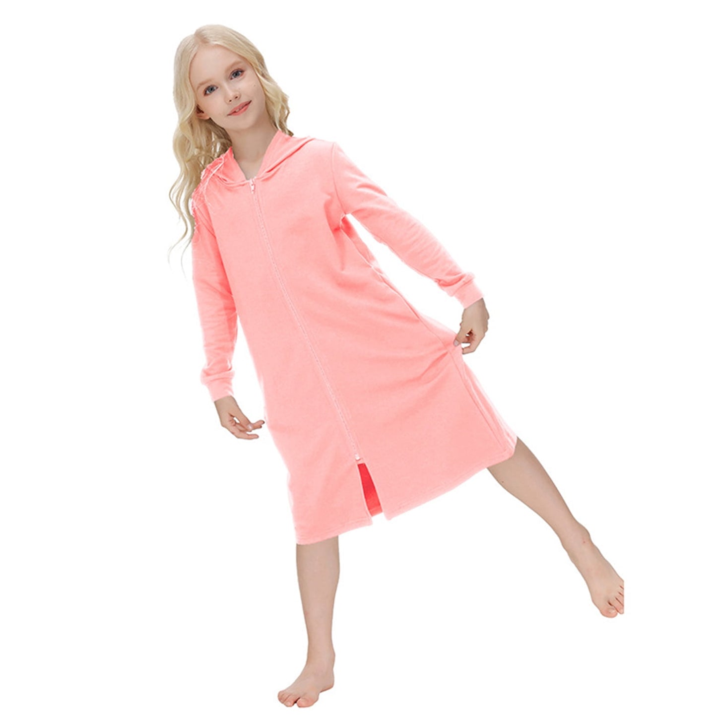 Girls Zipper Front Robes Long Sleeve Hooded Housecoat Long Housedress Loose Bathrobes Comfy Pajama Sleepwear