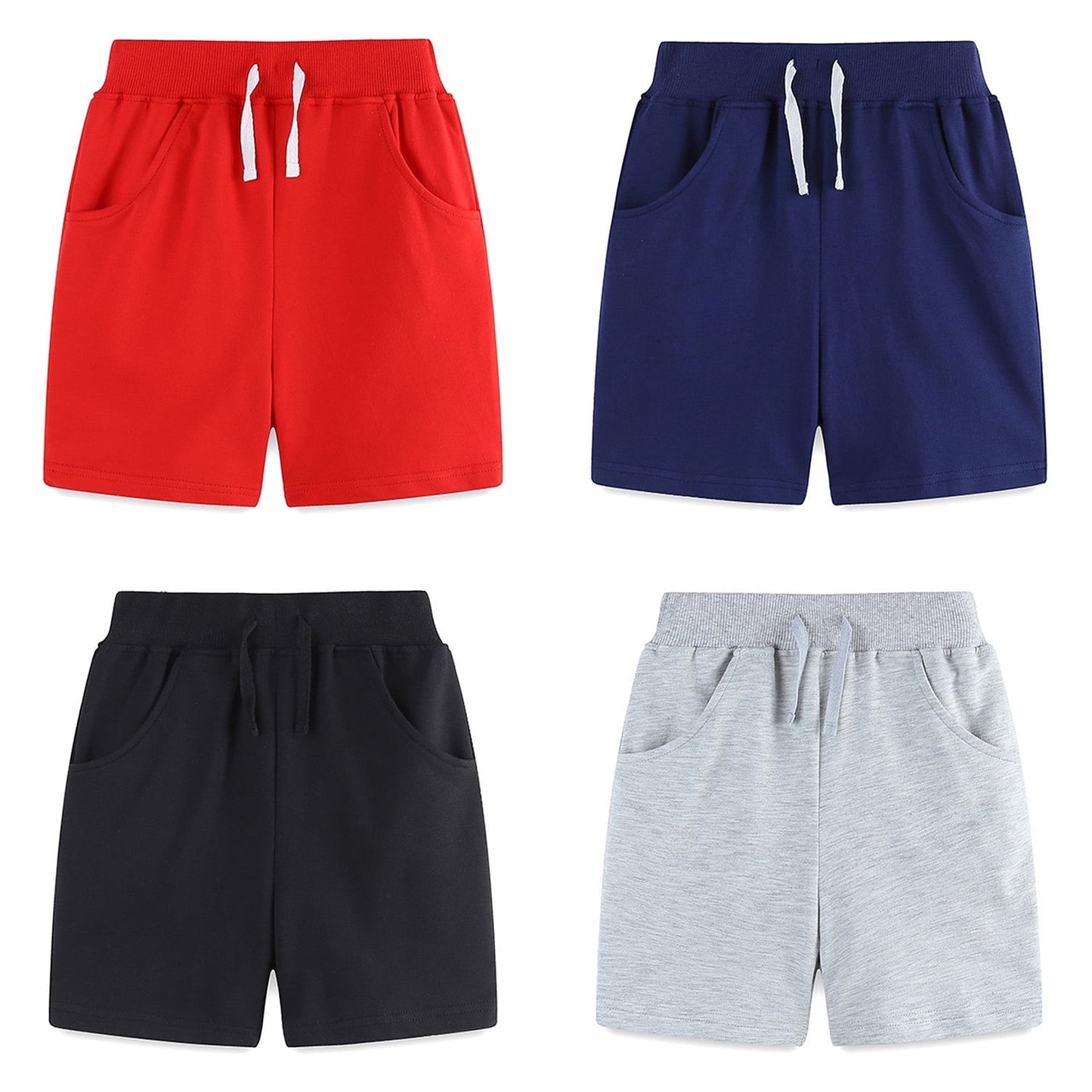Phenas Toddler Kid Boy Summer 4 Pack Solid Cotton Shorts with Drawstring Pull On Active Jogger Shorts for Boys