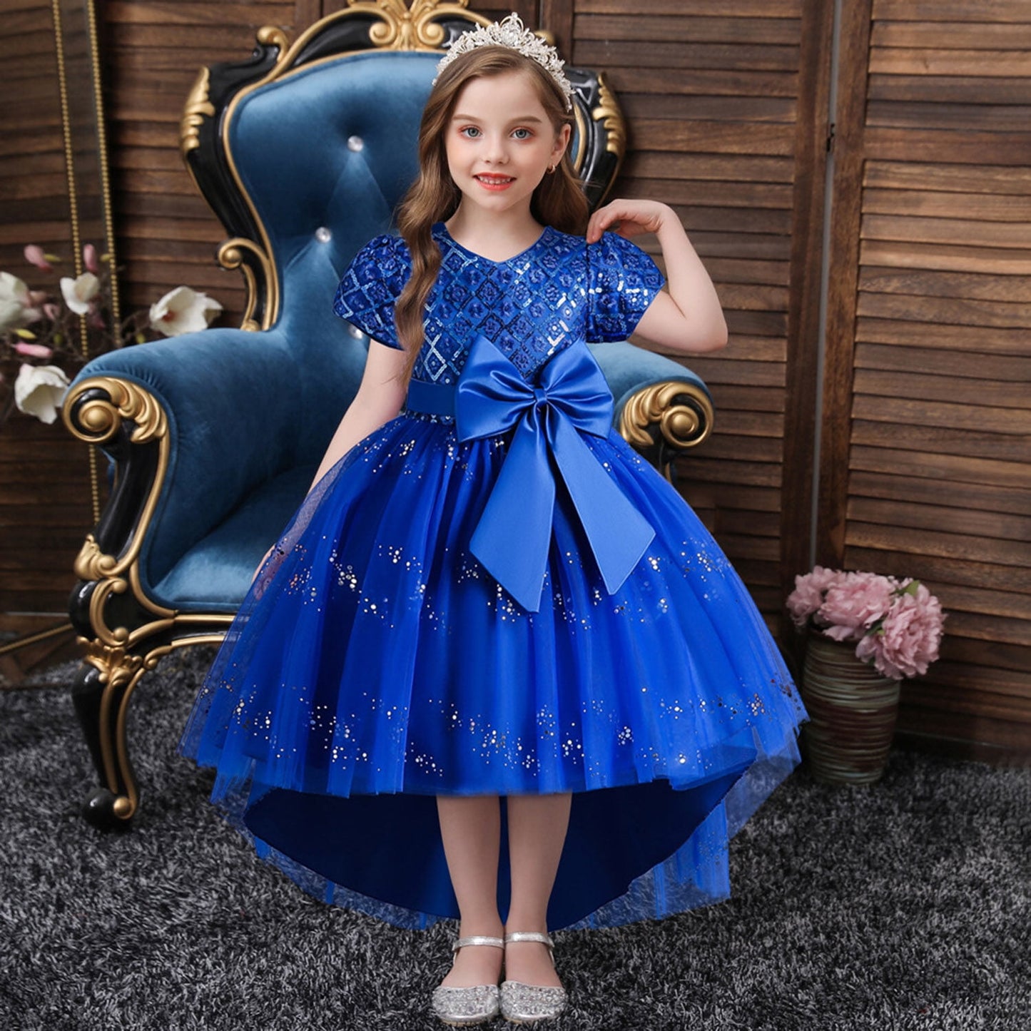Phenas Flower Girl Lace Bridesmaid Dress High-Low Kids Wedding Party Birthday Sequin Tulle Dresses