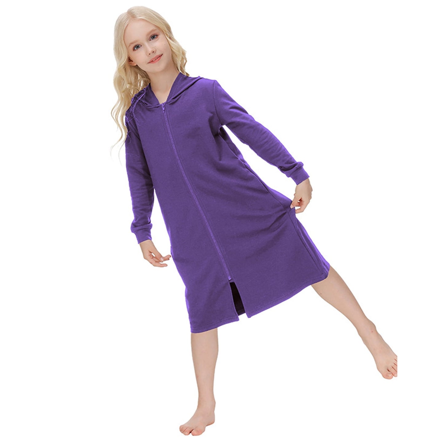 Girls Zipper Front Robes Long Sleeve Hooded Housecoat Long Housedress Loose Bathrobes Comfy Pajama Sleepwear