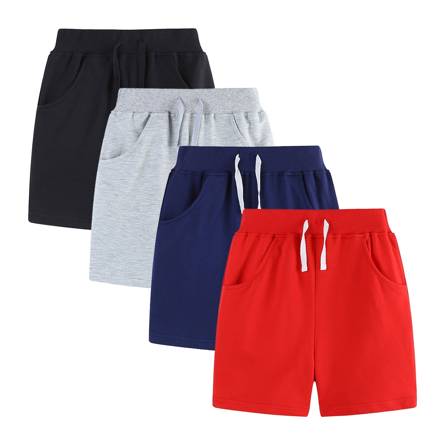 Phenas Toddler Kid Boy Summer 4 Pack Solid Cotton Shorts with Drawstring Pull On Active Jogger Shorts for Boys