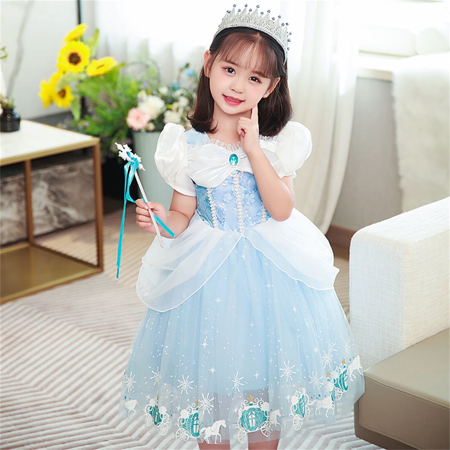 LOEL Cinderella Costume Girl Fancy Costume Princess Dress Halloween Party Role Play with Sleeves