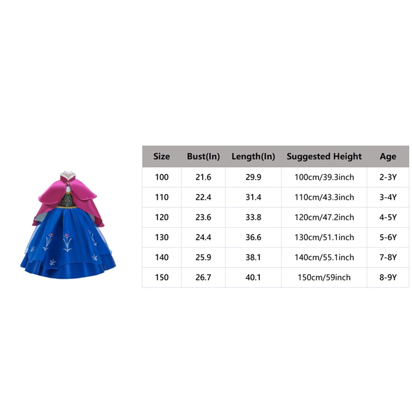 KAWELL Halloween Princess Anna Costume Girls Dress With Cape Birthday Cosplay Dress Up With Accessories