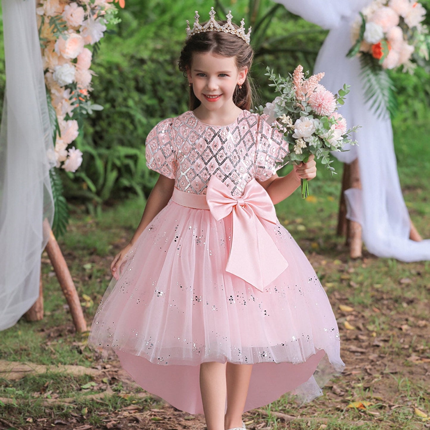 Phenas Flower Girl Lace Bridesmaid Dress High-Low Kids Wedding Party Birthday Sequin Tulle Dresses