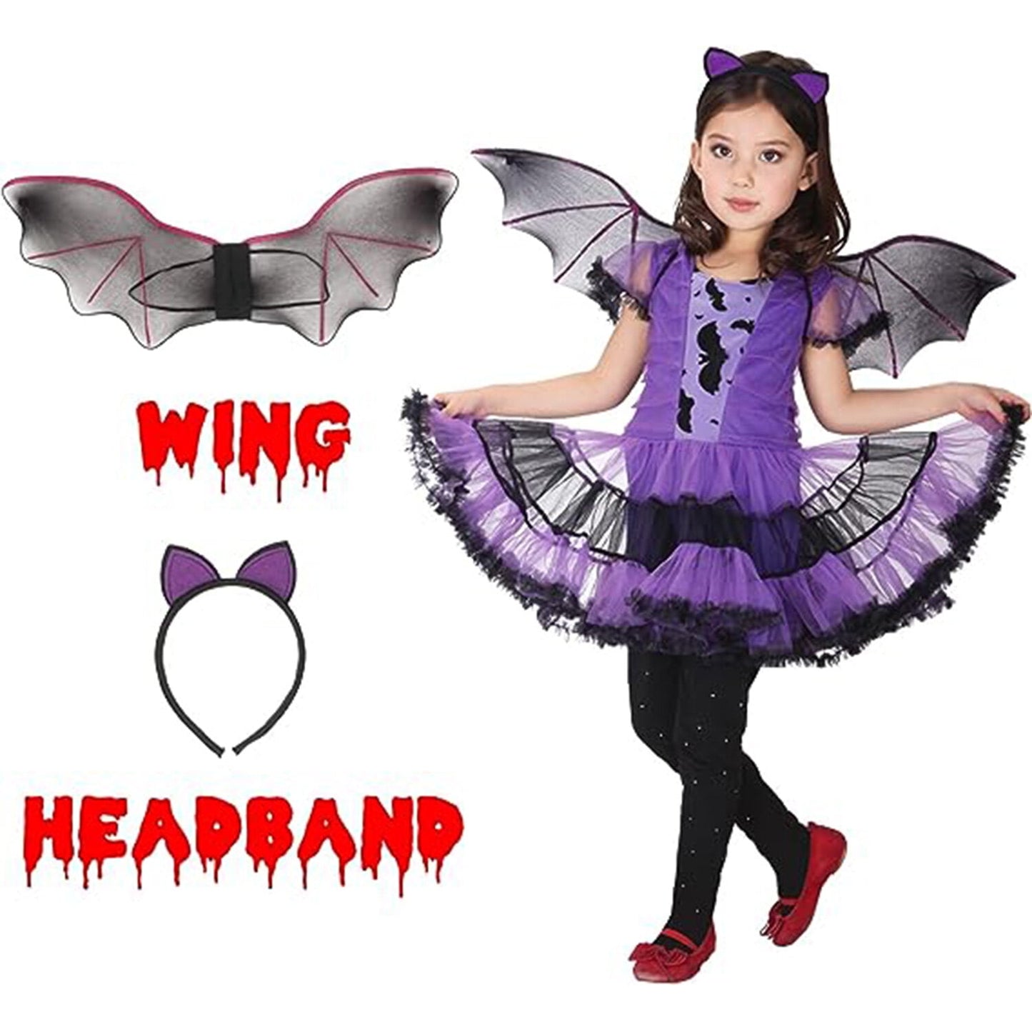 Phenas Girls Bat Vampire Costume Kids Halloween Clothes Animal Cosplay Purple Dress