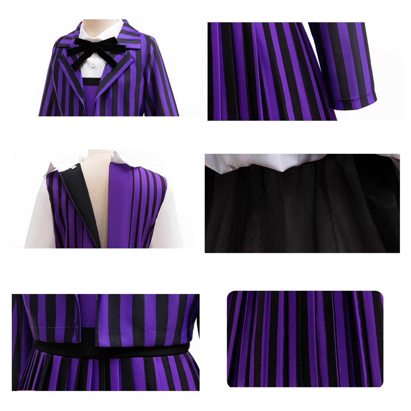 KAWELL Enid Costume for Girls, Addams Academy Uniform Outfits Cosplay with Pink Blue Wig, Pleated Dress Girl's Stripes Suits Sets for Halloween