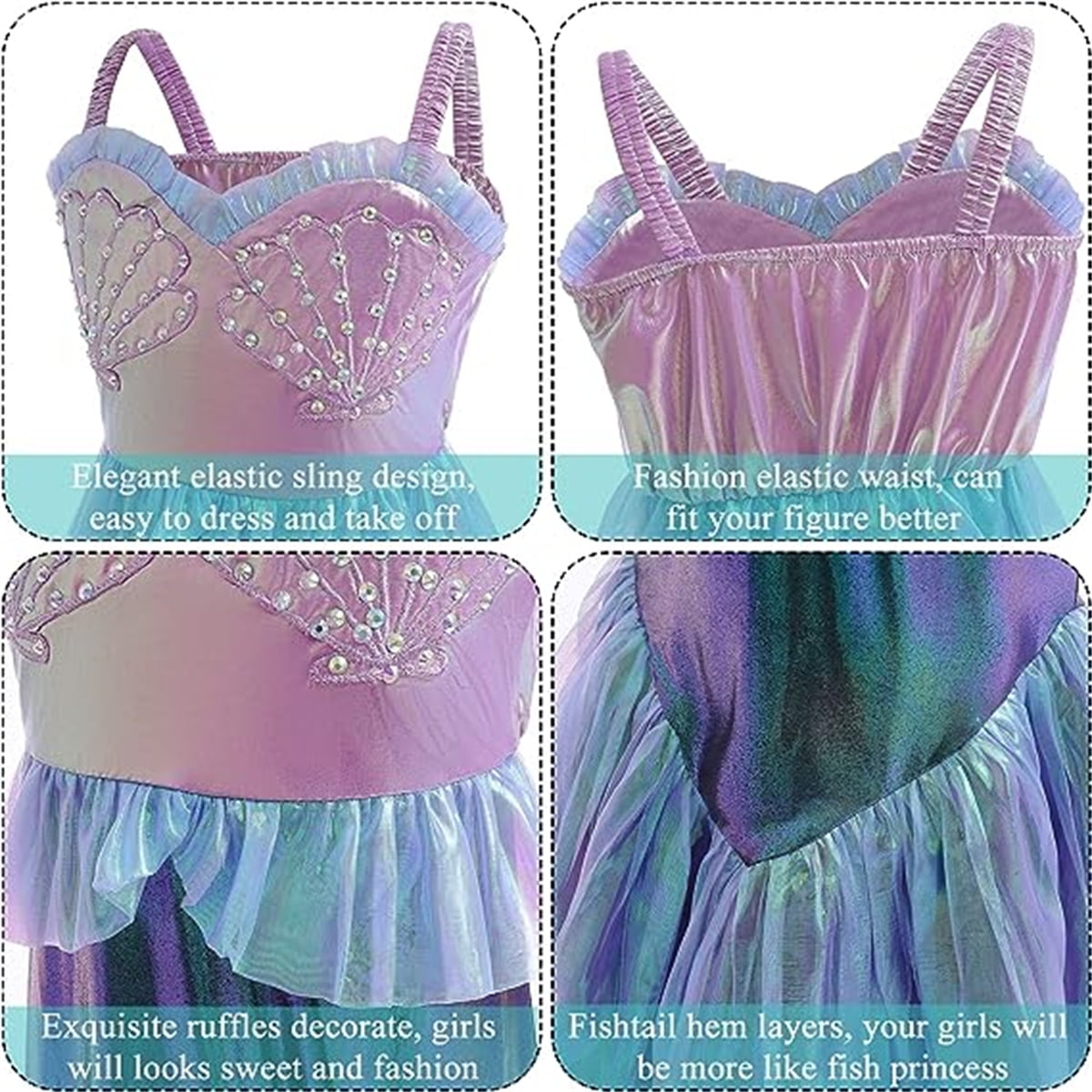 KAWELL Mermaid Costume Dress for Toddler Girls Cosplay Ariel Outfit Halloween Birthday Party Dress Up with Accessories
