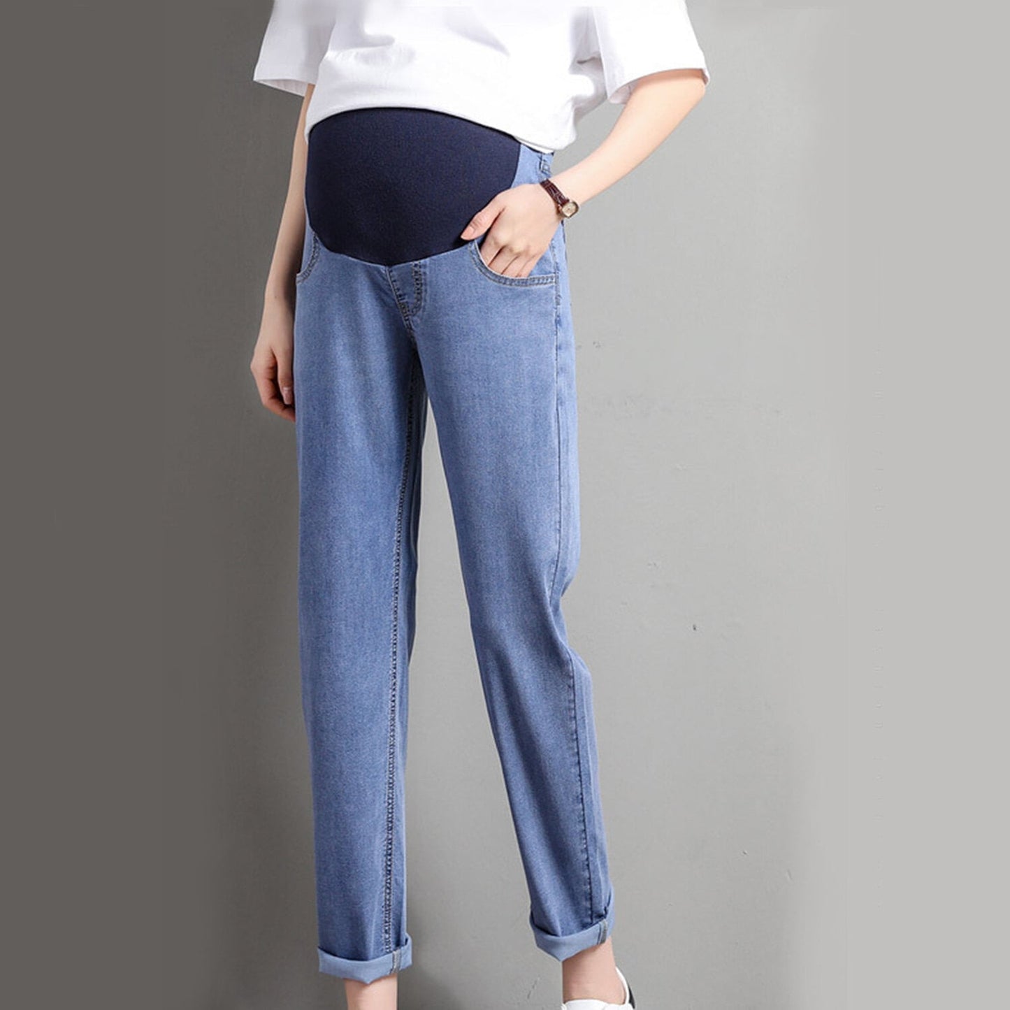 Phenas Women's Maternity Jeans Comfy Plus Size Blue Pregnancy Baggy Ankle Length Jeans