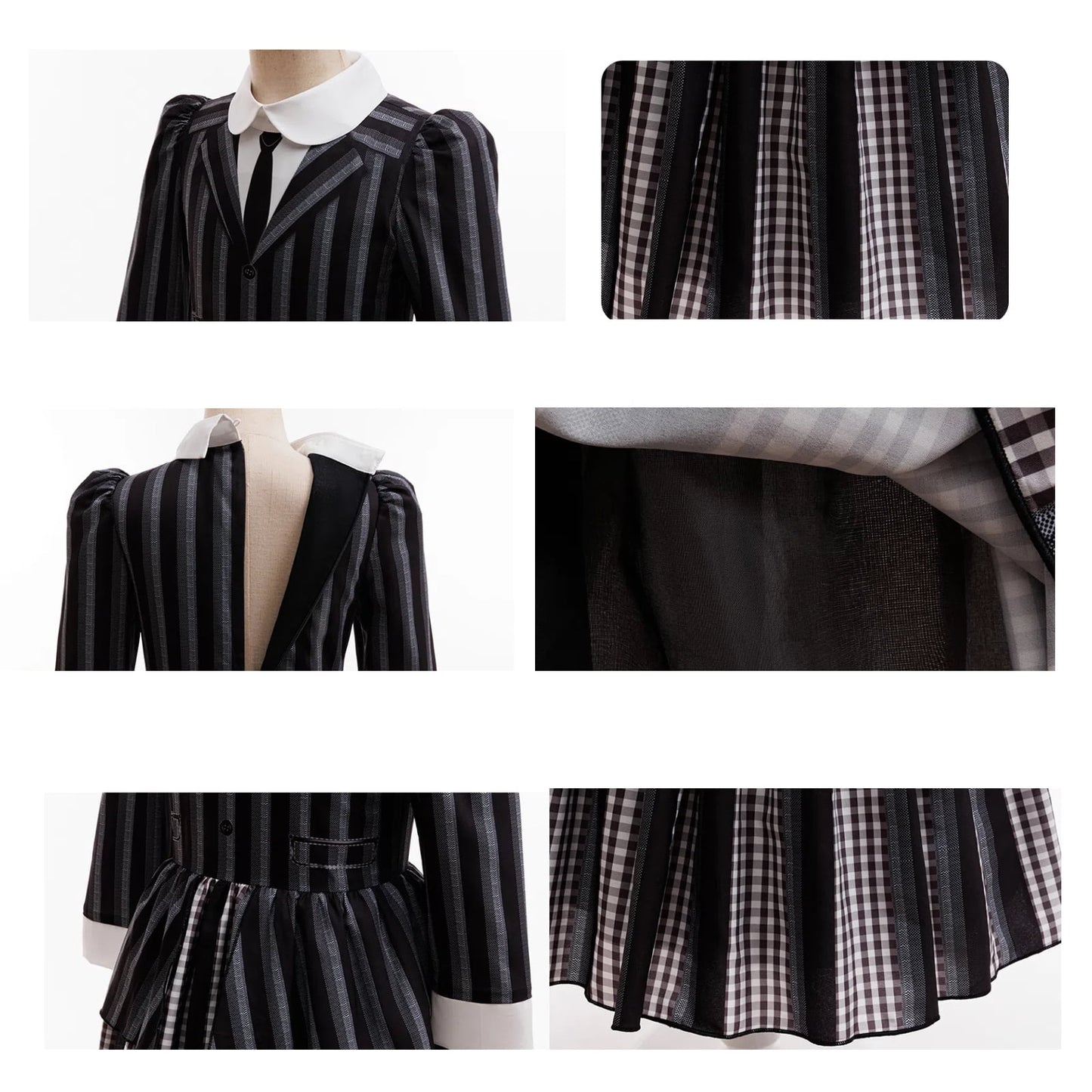 KAWELL Addams Costume for Girls, Academy Uniform Outfits Cosplay with Black Wig, Pleated Skirt Girl's Stripes Suits Sets for Halloween