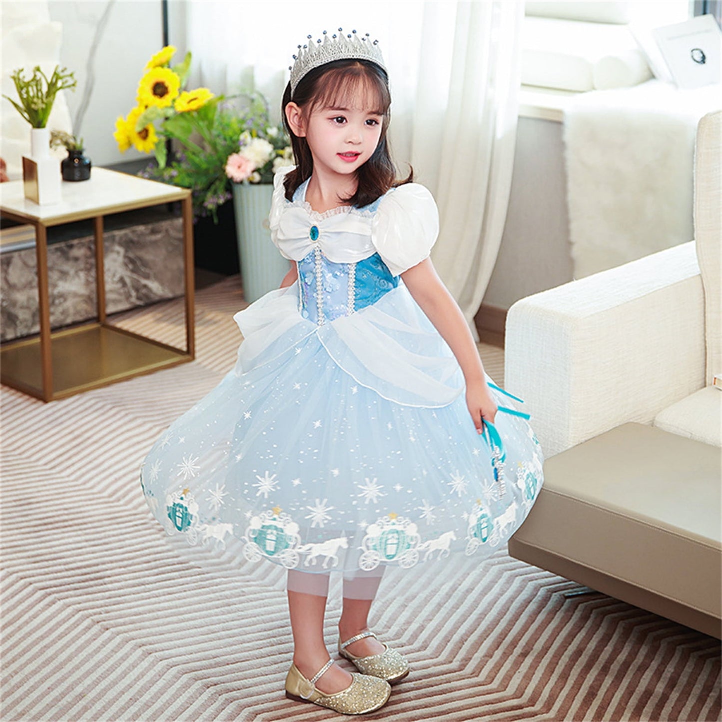 LOEL Cinderella Costume Girl Fancy Costume Princess Dress Halloween Party Role Play with Sleeves