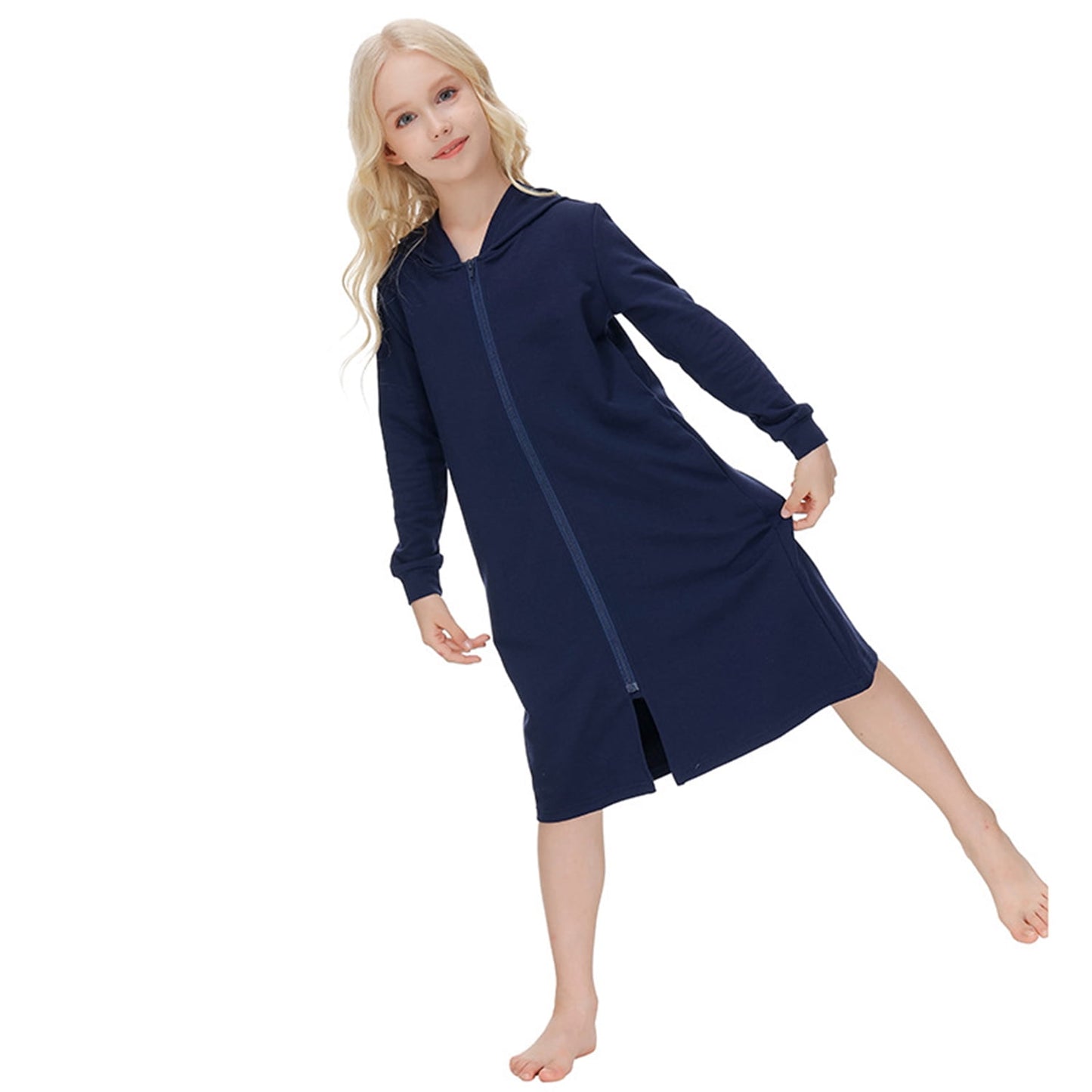 Girls Zipper Front Robes Long Sleeve Hooded Housecoat Long Housedress Loose Bathrobes Comfy Pajama Sleepwear