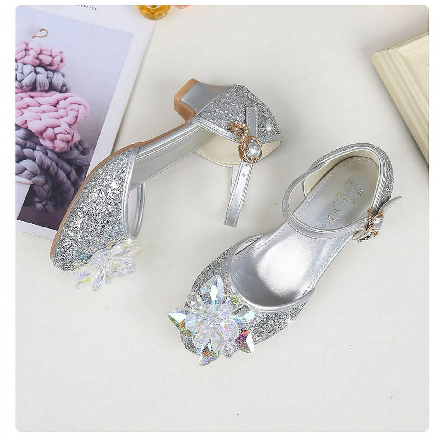 LOEL Girls Dress-up Glittering Crystal Blossom Pumps with Heels Princess Shoes