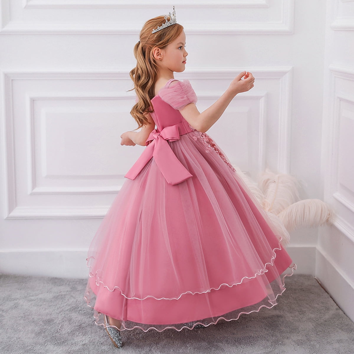 HuaAngel Kids Prom Ball Gown Girl Lace Tulle Flower Princess Party Maxi Dress