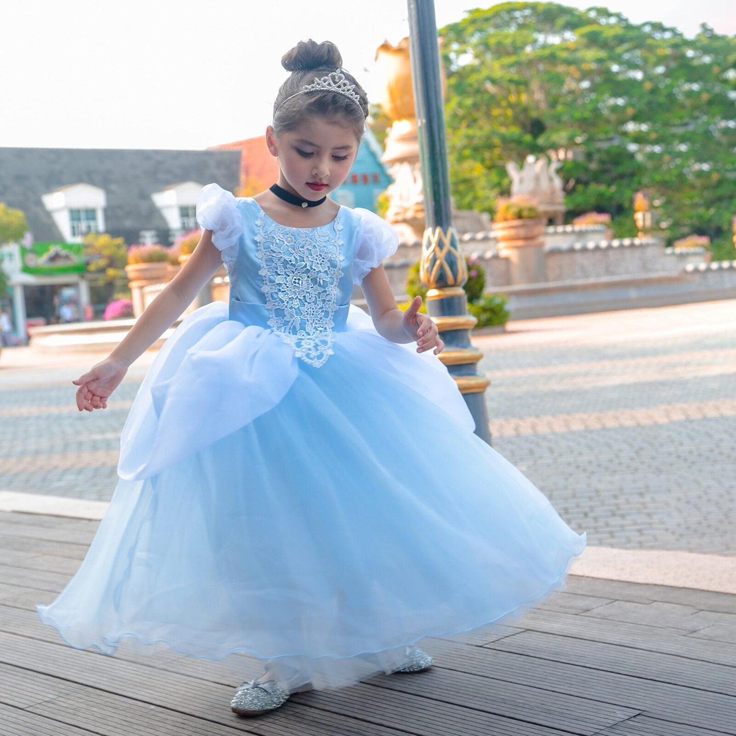 HAWEE Princess Blue Dress for Girls Puffy Sleeve Princess Costume Halloween Cosplay Party Fancy Dress(2-12Y)