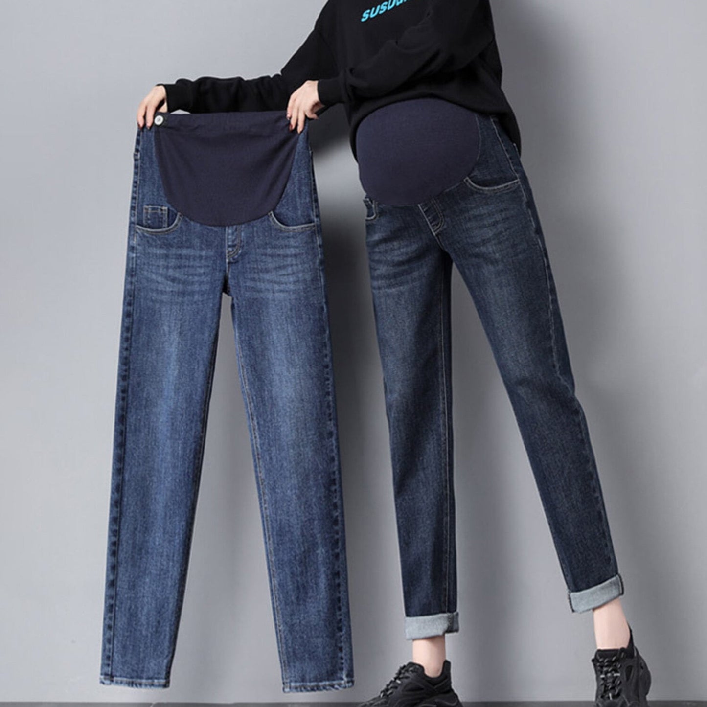 Phenas Women's Maternity Jeans Comfy Plus Size Blue Pregnancy Baggy Ankle Length Jeans