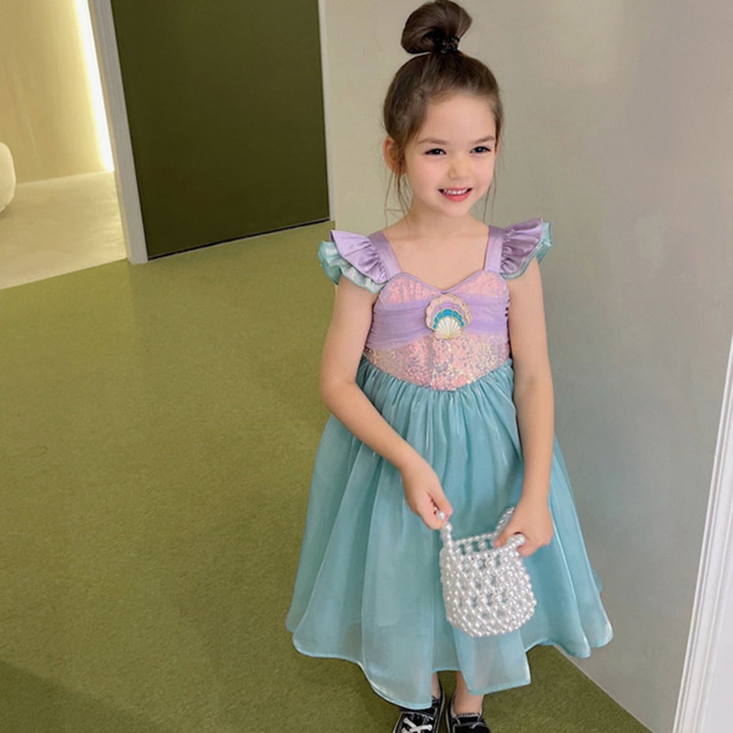 Phenas Little Girl Mermaid Sequins Princess Costume Flutter Sleeves Tank Top Party Dress