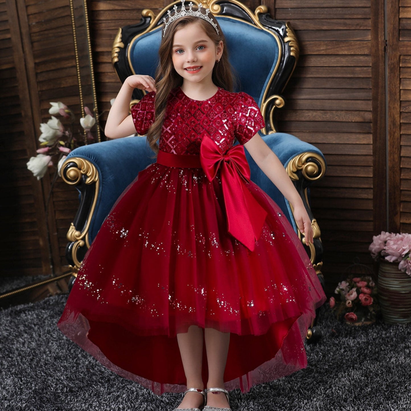 Phenas Flower Girl Lace Bridesmaid Dress High-Low Kids Wedding Party Birthday Sequin Tulle Dresses