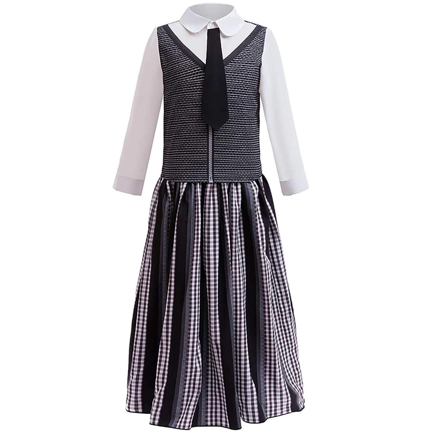 KAWELL Addams Costume for Girls, Academy Uniform Outfits Cosplay with Black Wig, Pleated Skirt Girl's Stripes Suits Sets for Halloween