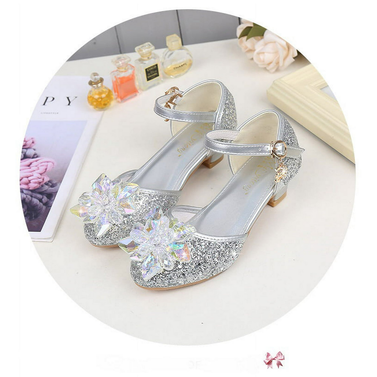 LOEL Girls Dress-up Glittering Crystal Blossom Pumps with Heels Princess Shoes