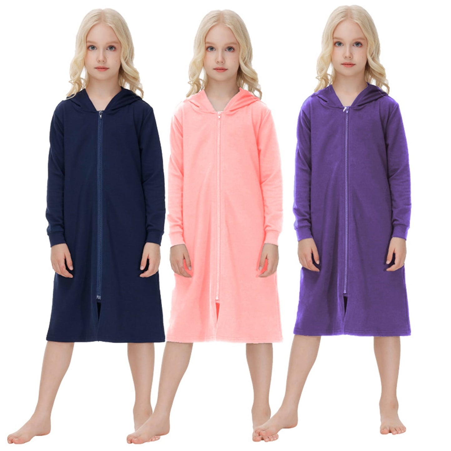 Girls Zipper Front Robes Long Sleeve Hooded Housecoat Long Housedress Loose Bathrobes Comfy Pajama Sleepwear