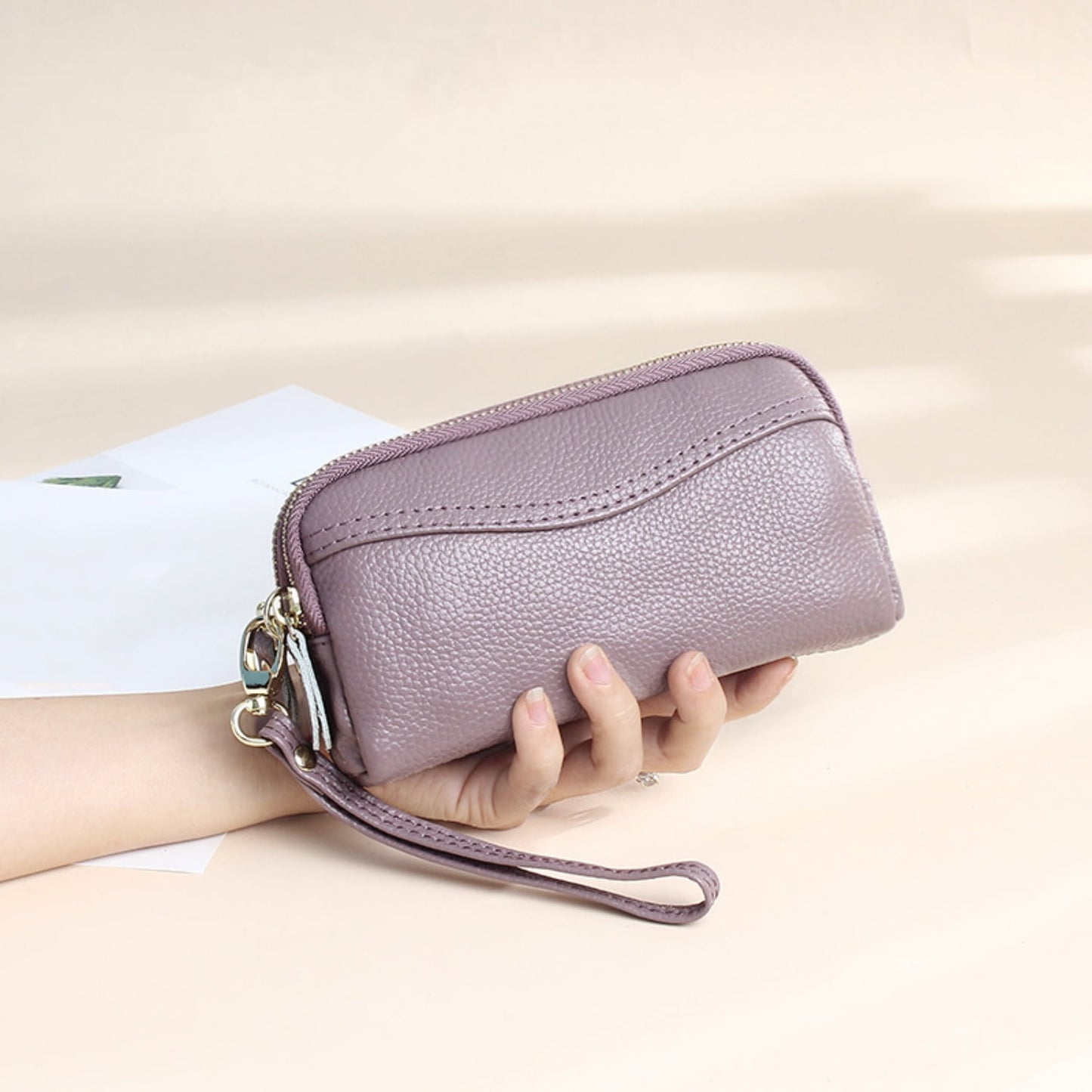 HAWEE Cellphone Wallet for Women Genuine Leather Clutch Purse Large Capacity Double Zipper Wristlet Wallet for Ladies