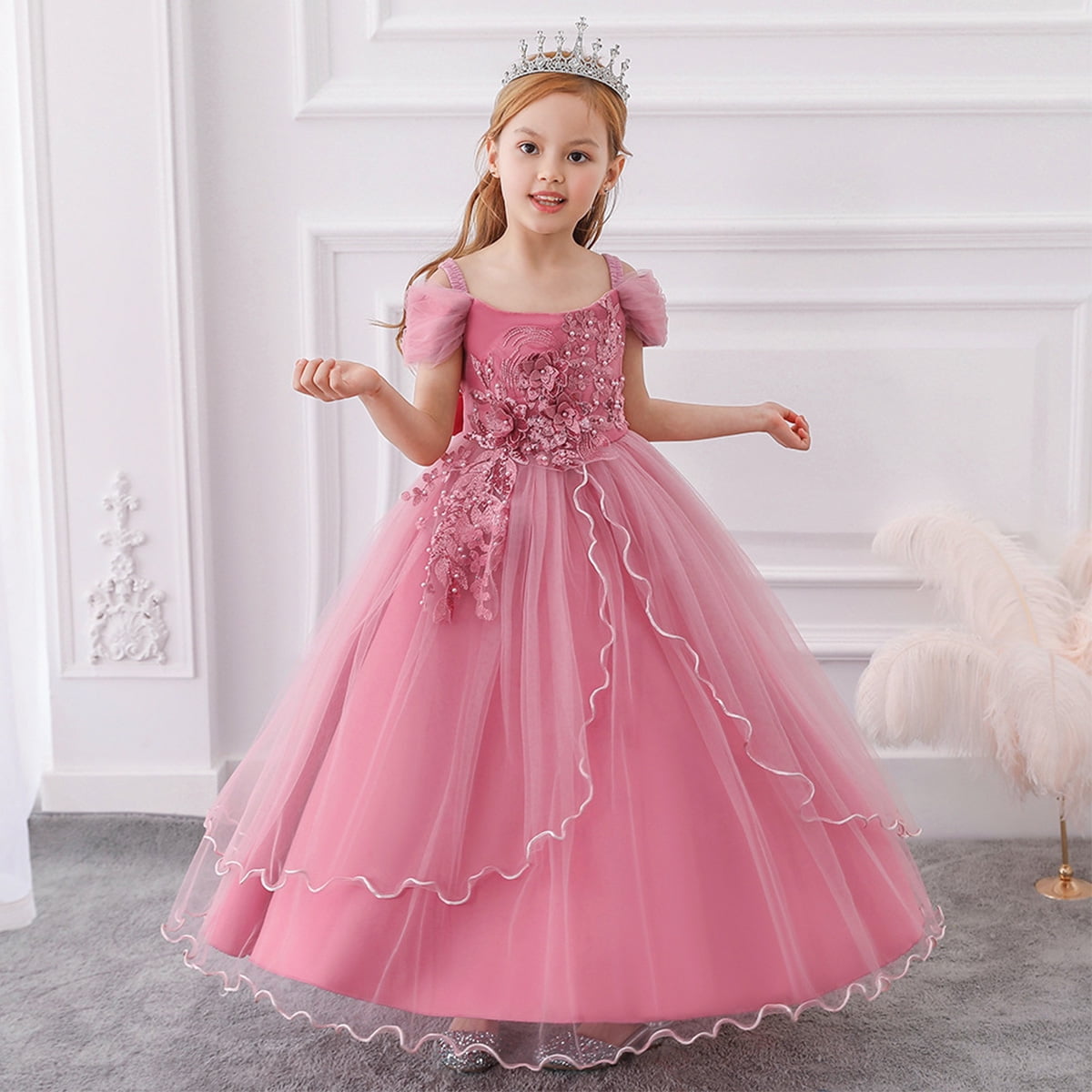 HuaAngel Kids Prom Ball Gown Girl Lace Tulle Flower Princess Party Maxi Dress
