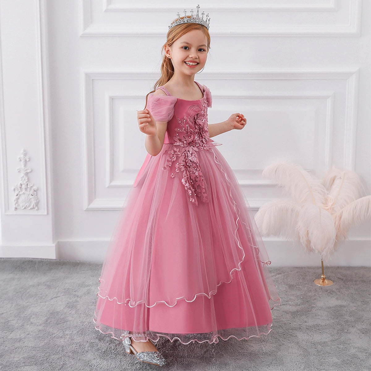 HuaAngel Kids Prom Ball Gown Girl Lace Tulle Flower Princess Party Maxi Dress