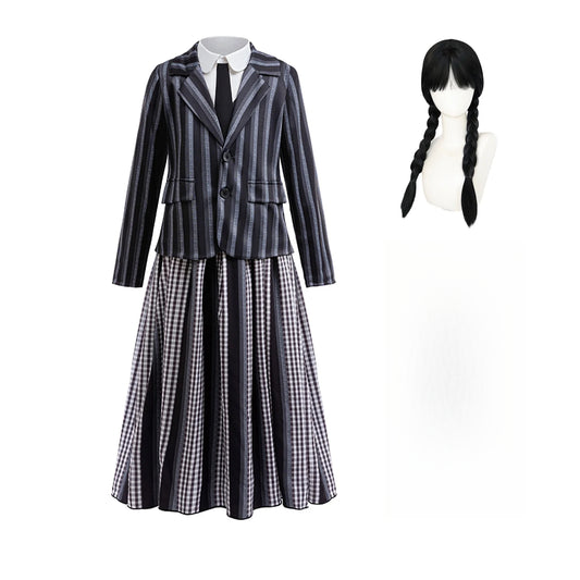 KAWELL Addams Costume for Girls, Academy Uniform Outfits Cosplay with Black Wig, Pleated Skirt Girl's Stripes Suits Sets for Halloween