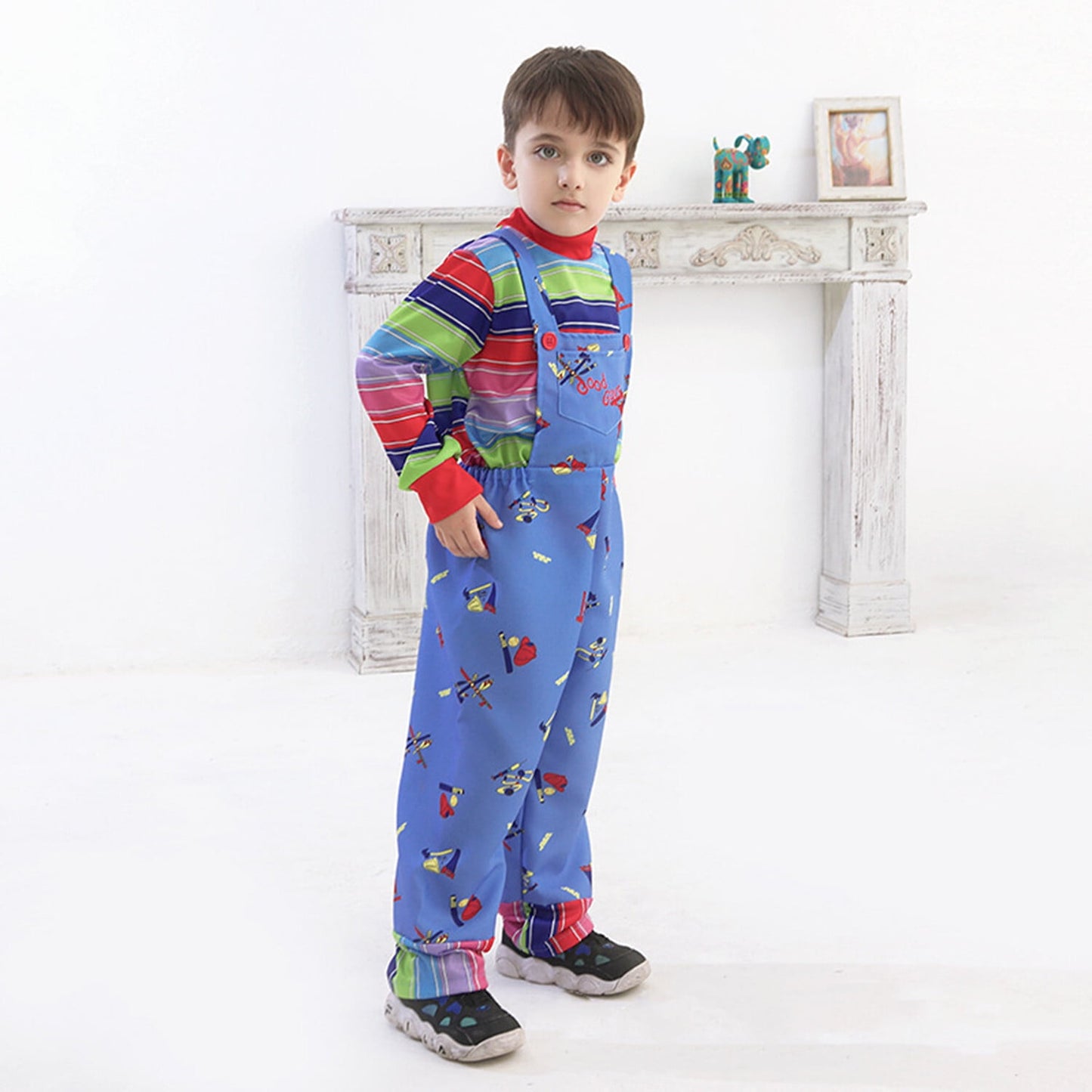 Phenas Kids Haunted Doll Costume,Red & Blue Striped Jumpsuit for Halloween Cosplay Costume