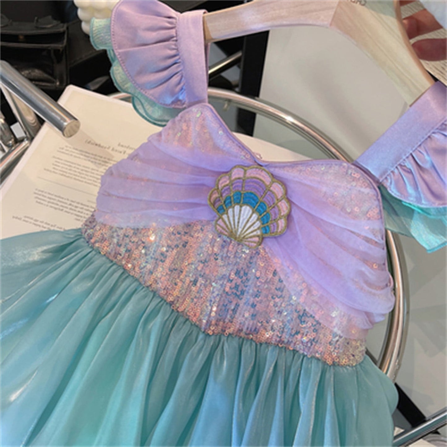 Phenas Little Girl Mermaid Sequins Princess Costume Flutter Sleeves Tank Top Party Dress