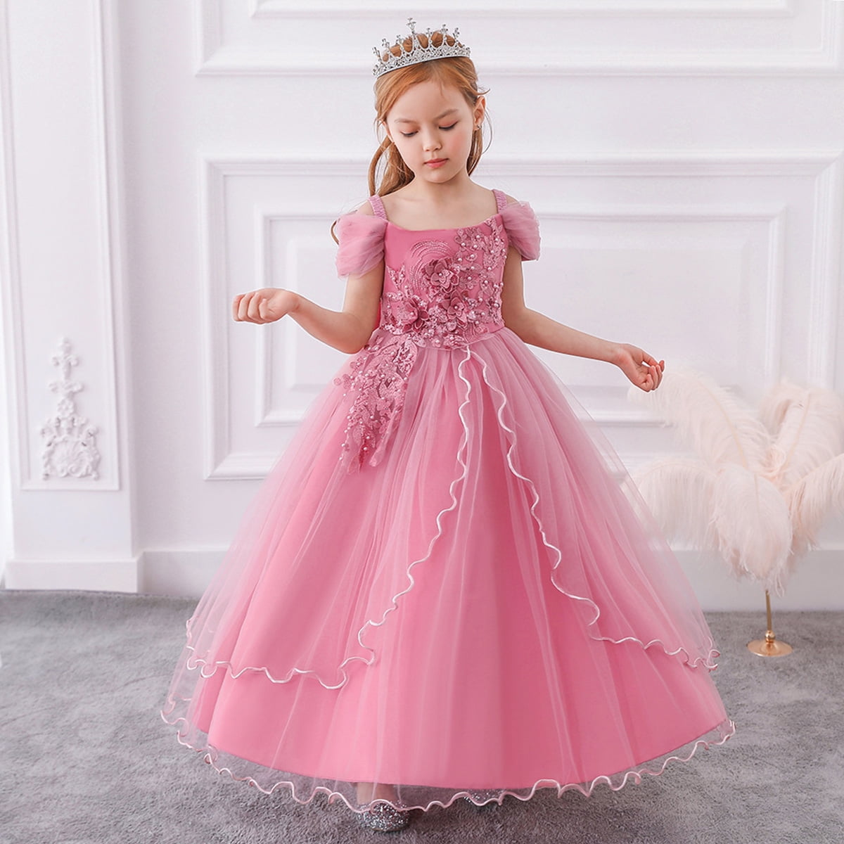 HuaAngel Kids Prom Ball Gown Girl Lace Tulle Flower Princess Party Maxi Dress