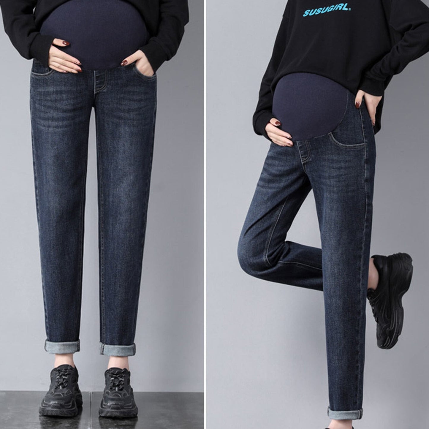Phenas Women's Maternity Jeans Comfy Plus Size Blue Pregnancy Baggy Ankle Length Jeans