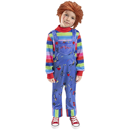 Phenas Kids Haunted Doll Costume,Red & Blue Striped Jumpsuit for Halloween Cosplay Costume