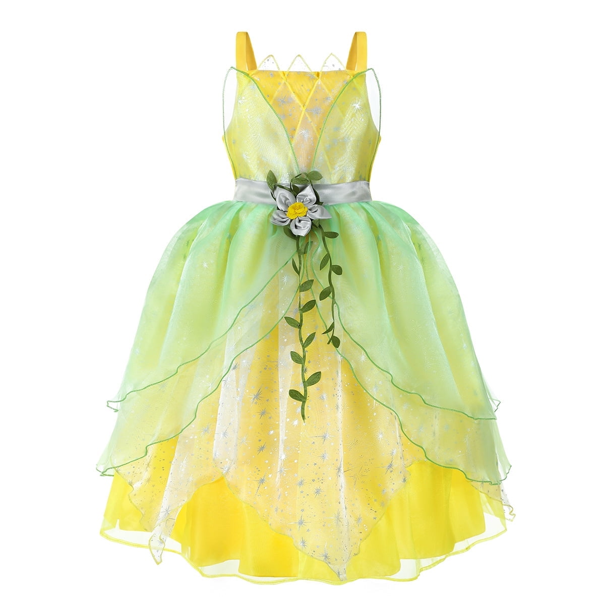 KAWELL Deluxe Princess Tiana Costumes Little Girls Dress Kids Fancy Gown Cosplay Halloween Party
