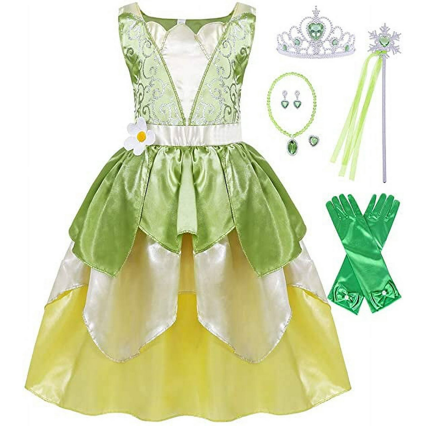 Green Fairy Frog Princess Tiana Dress Girls Fancy Dresses Halloween Elf Costume with Accessories