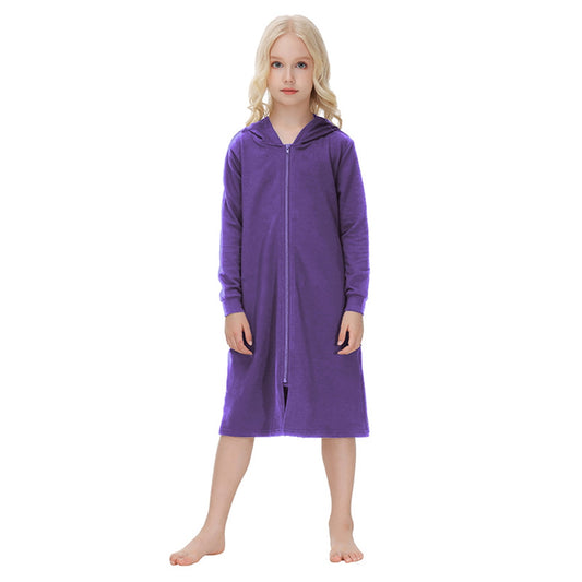 Girls Zipper Front Robes Long Sleeve Hooded Housecoat Long Housedress Loose Bathrobes Comfy Pajama Sleepwear