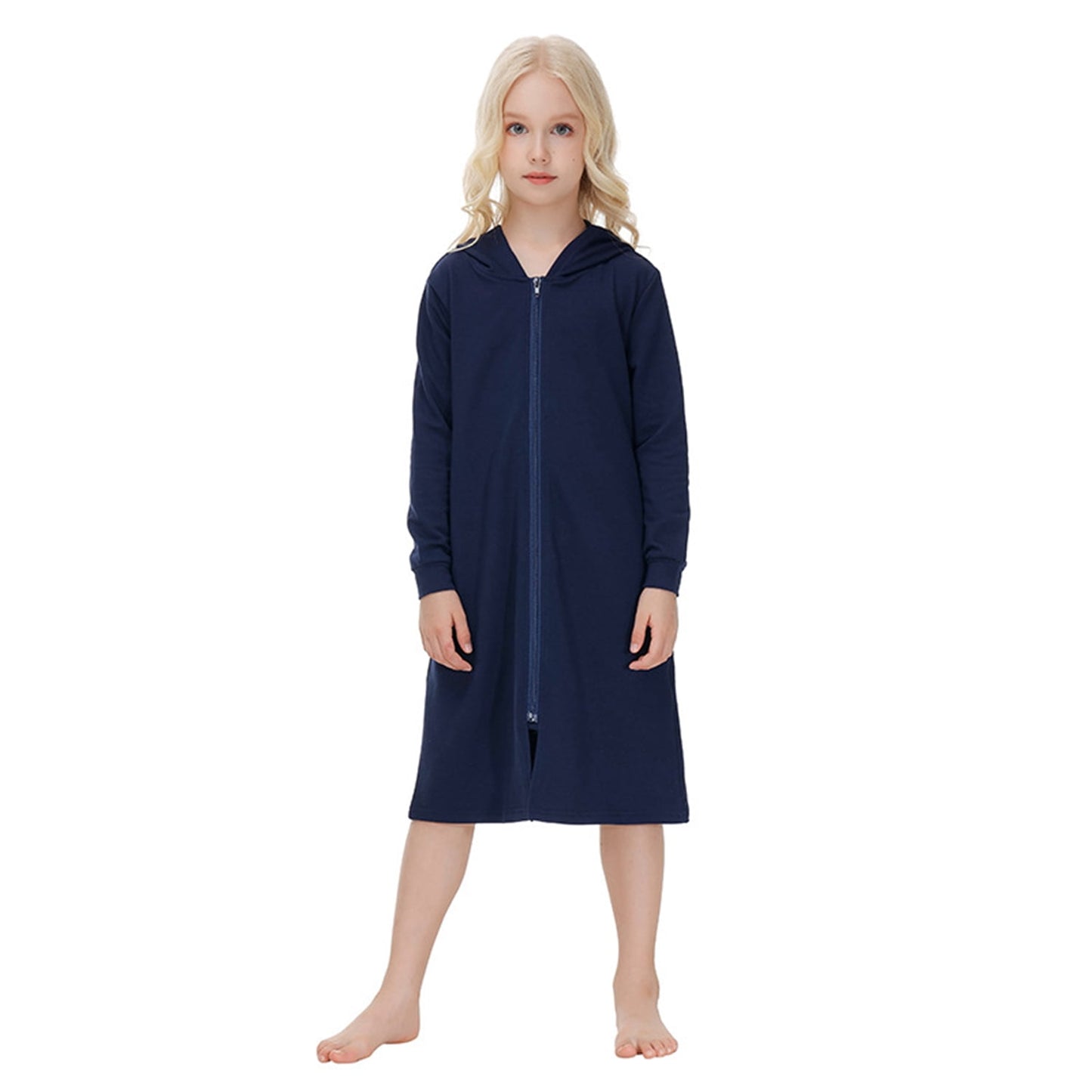 Girls Zipper Front Robes Long Sleeve Hooded Housecoat Long Housedress Loose Bathrobes Comfy Pajama Sleepwear